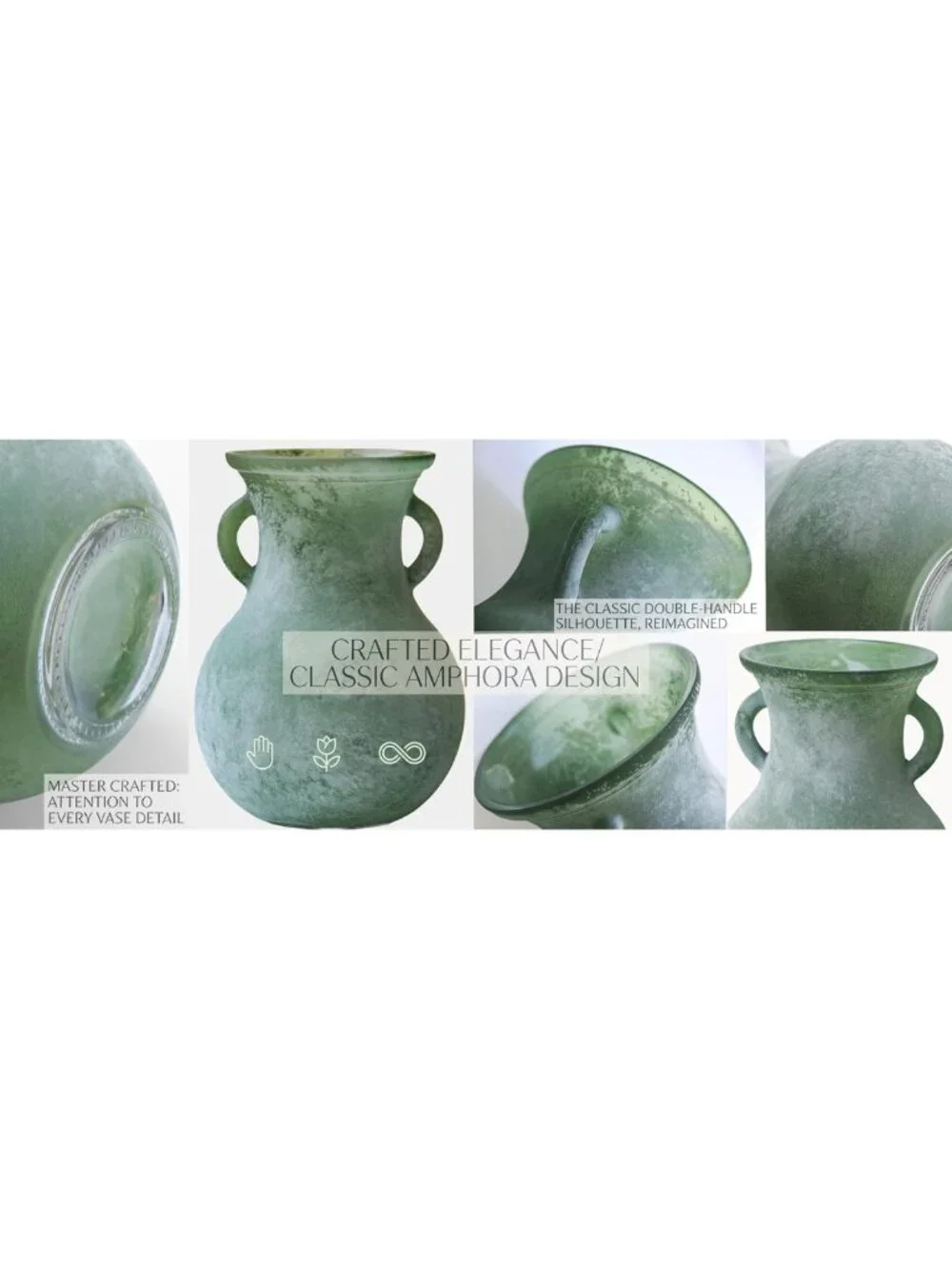 Vintage 7.9in Green Glass Vase, Art Deco Double Eared Marble Texture Decor